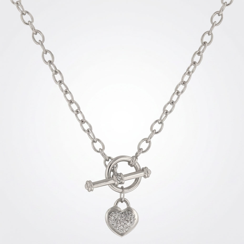 Avera Toggle Pave Heart Necklace in Polished Silver DestGlow