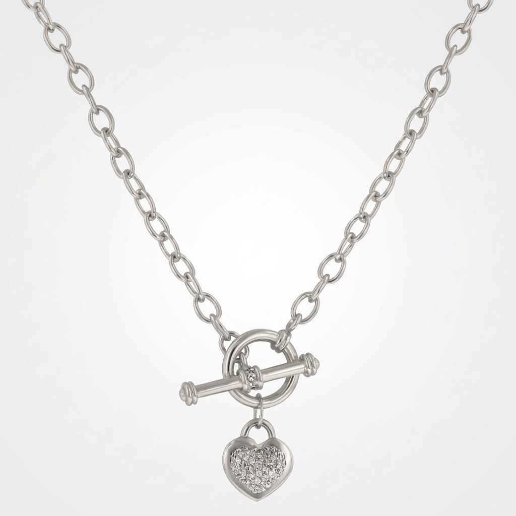 Avera Toggle Pave Heart Necklace in Polished Silver