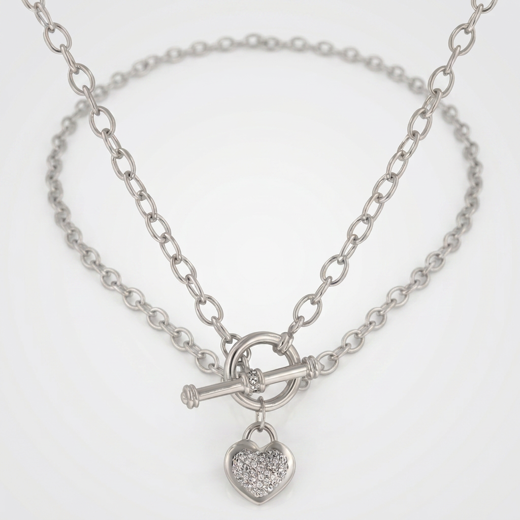 Avera Toggle Pave Heart Necklace in Polished Silver DestGlow