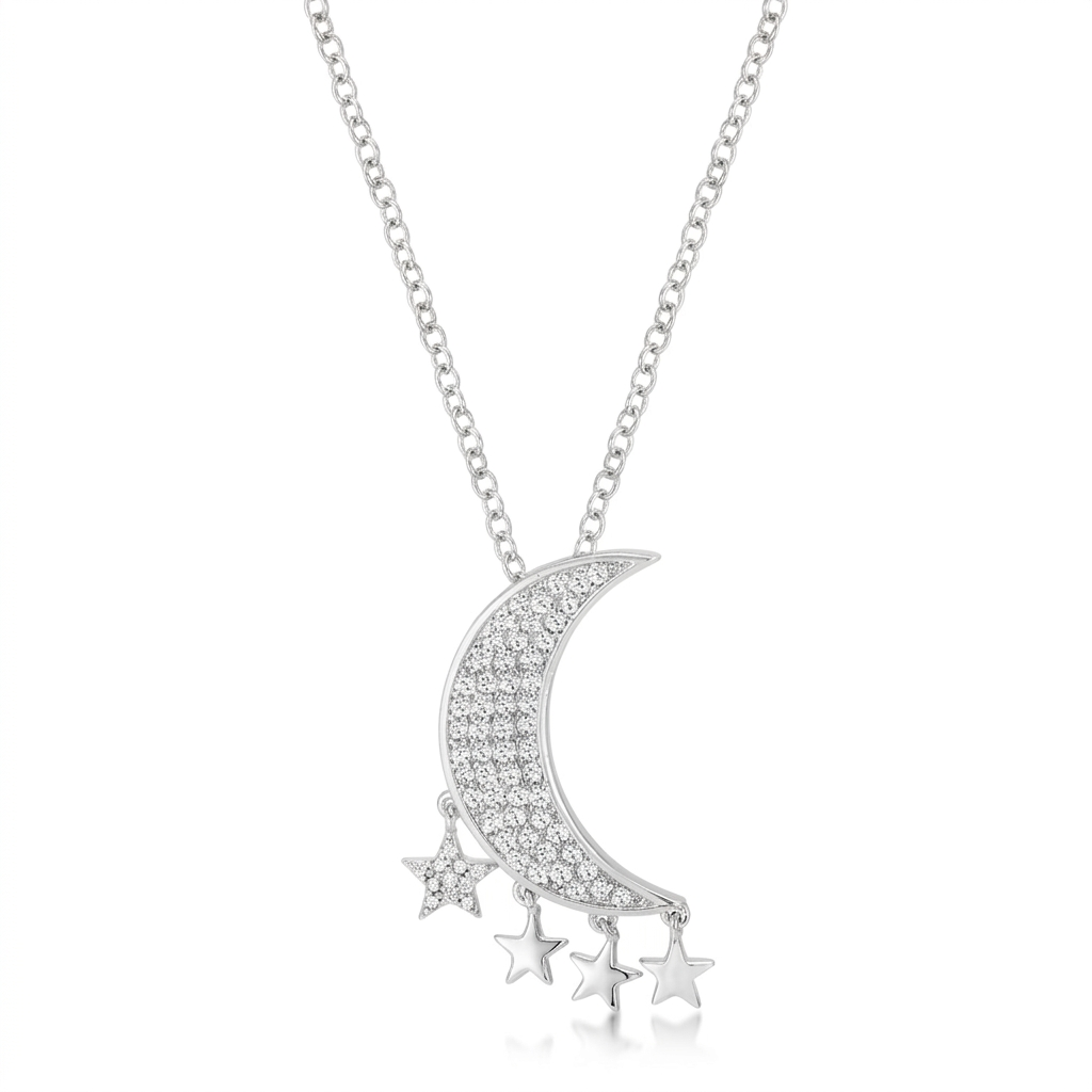 Avera .6Ct Dazzling Moon and Stars Necklace with CZ