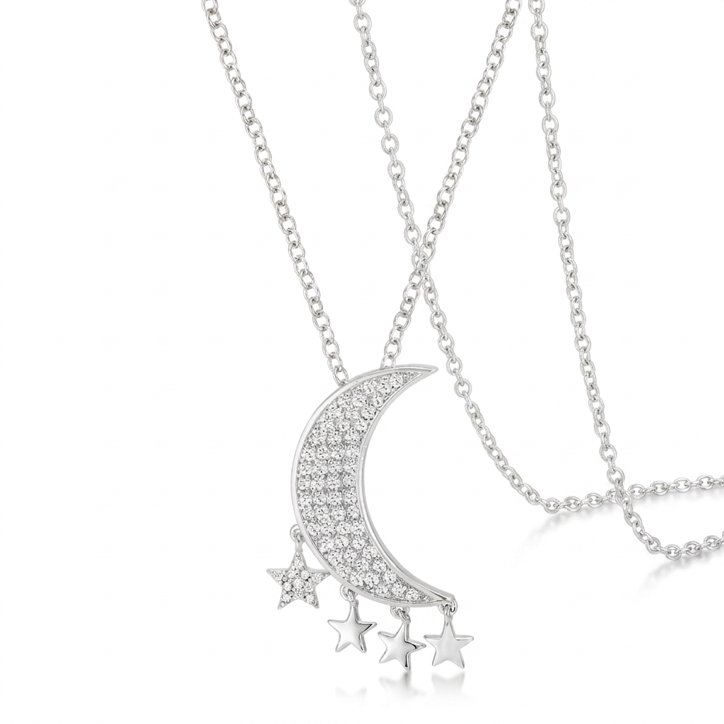 Avera .6Ct Dazzling Moon and Stars Necklace with CZ DestGlow