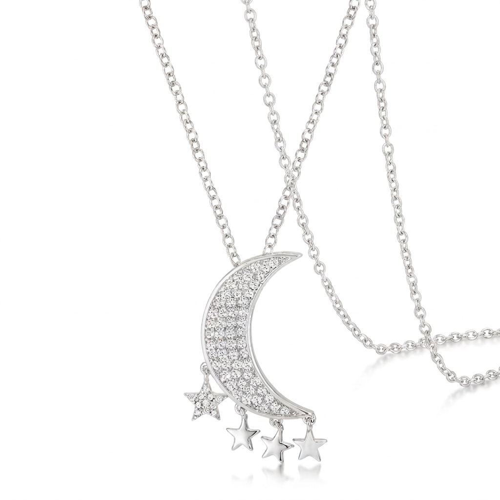 Avera .6Ct Dazzling Moon and Stars Necklace with CZ DestGlow