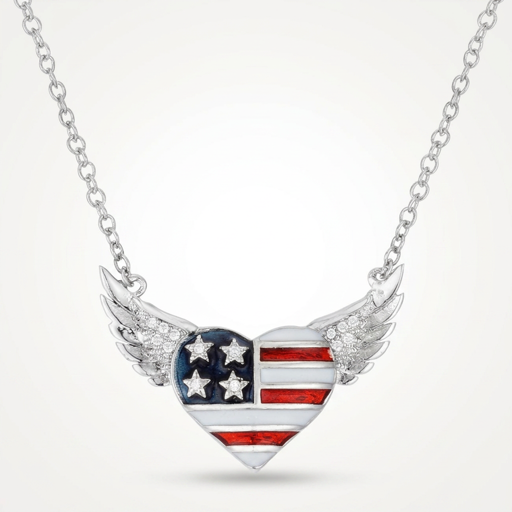 .14 Ct Patriotic Winged Heart Necklace with CZ Accents