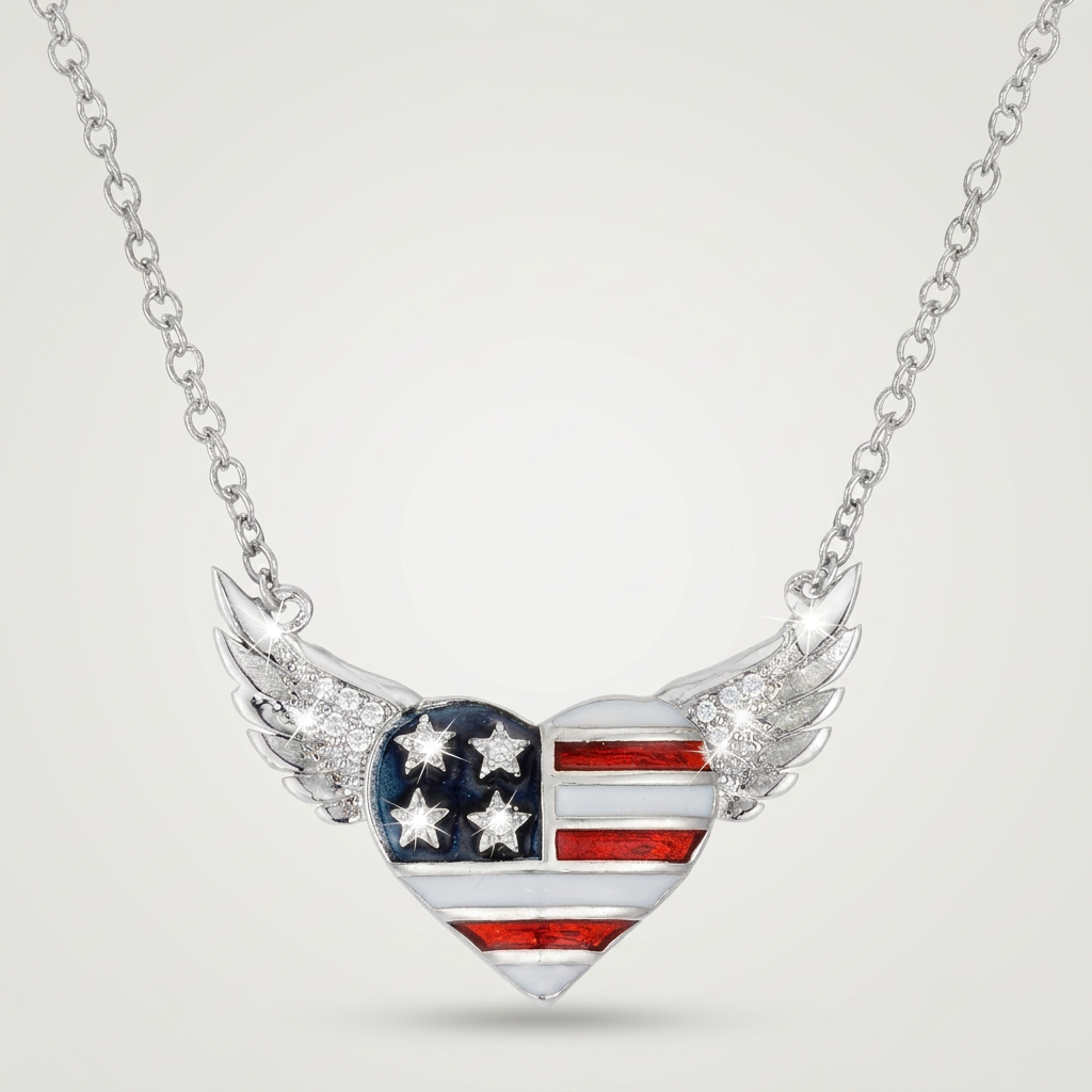 .14 Ct Patriotic Winged Heart Necklace with CZ Accents