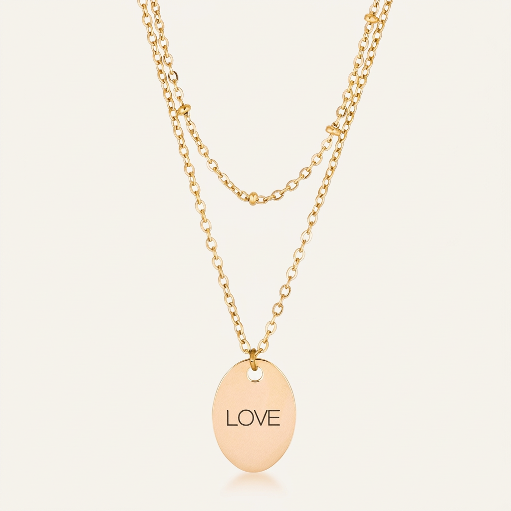 Avera Double Chain Love Necklace In Polished Gold Finish