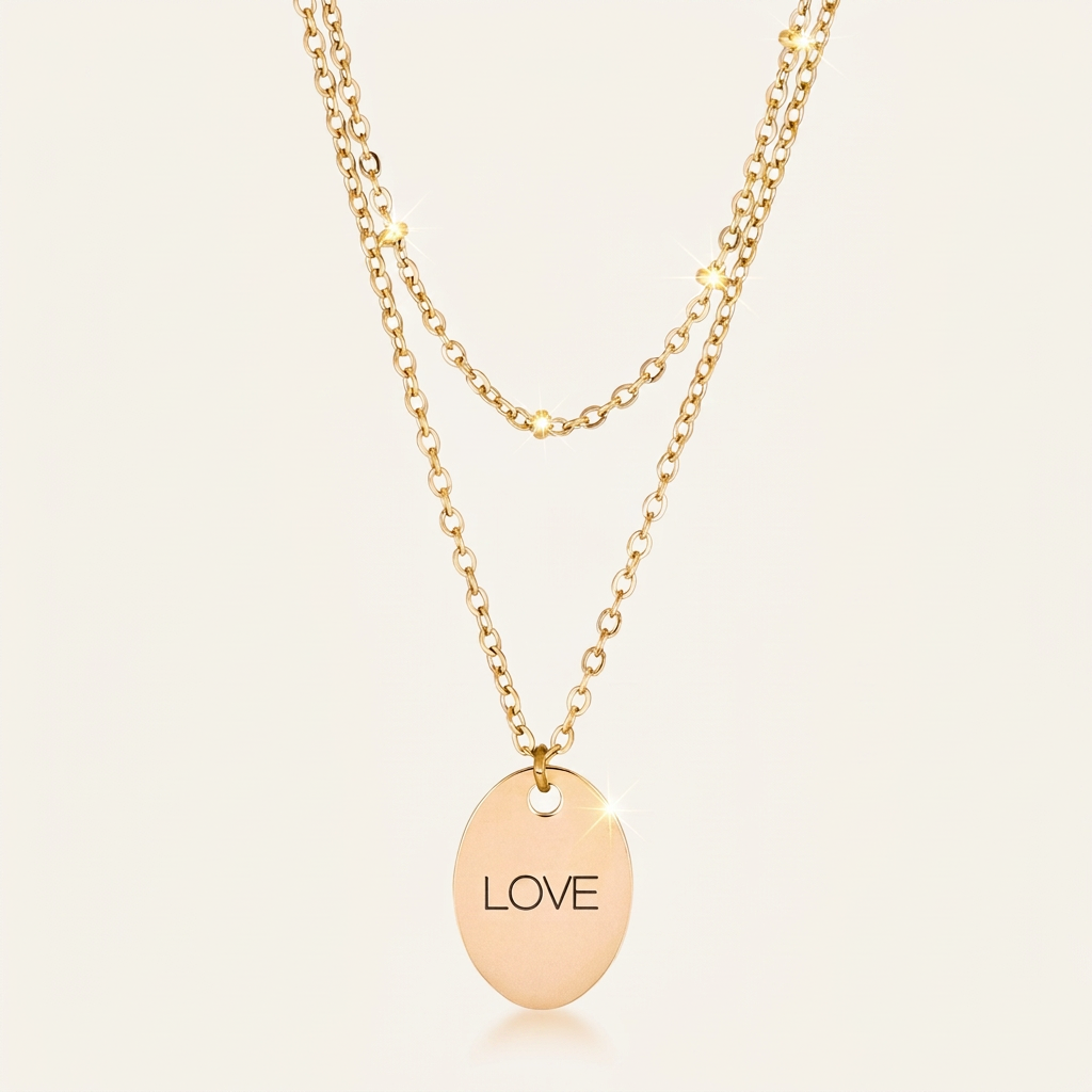 Avera Double Chain Love Necklace In Polished Gold Finish