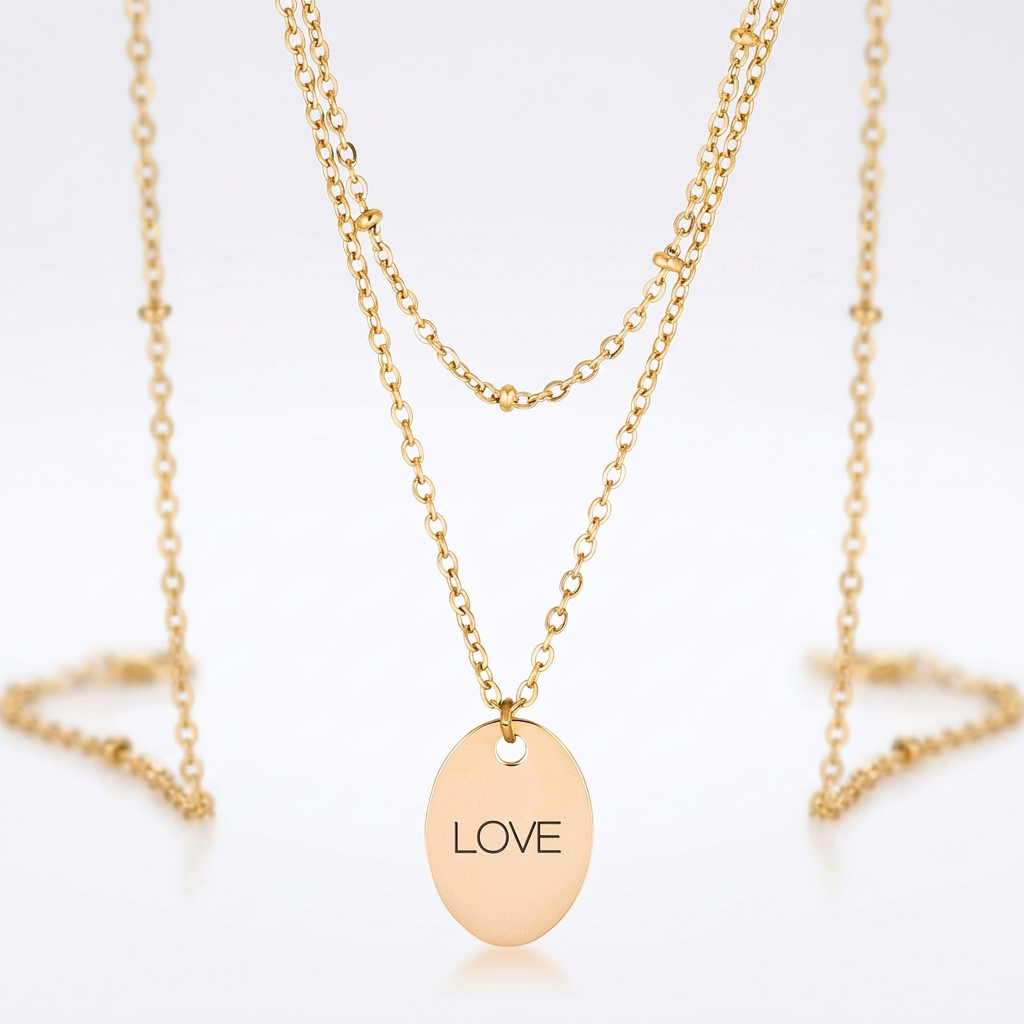 Avera Double Chain Love Necklace In Polished Gold Finish