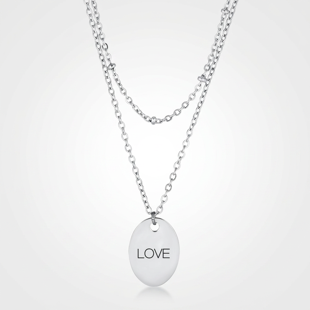 Avera Double Chain Love Necklace In Polished Silver
