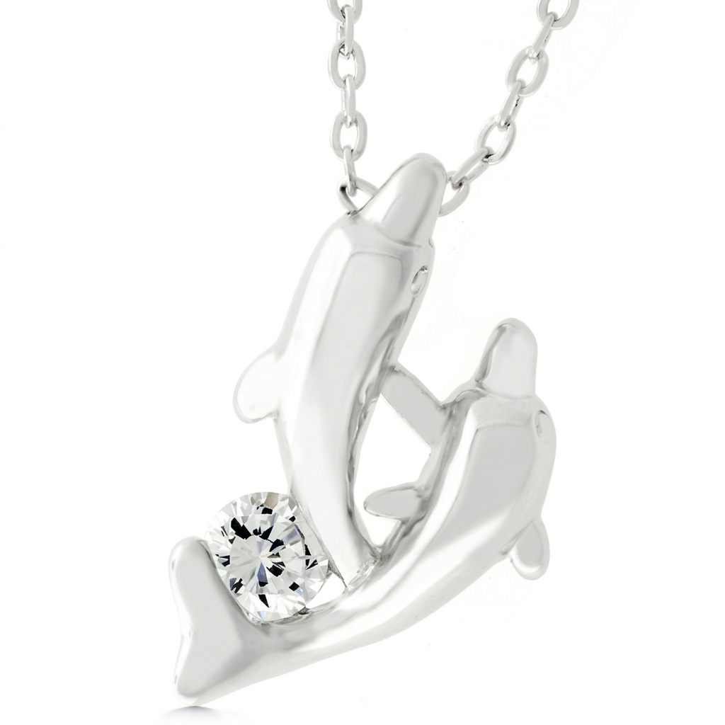 Avera Sterling Silver Dual Dolphin Pendant Necklace