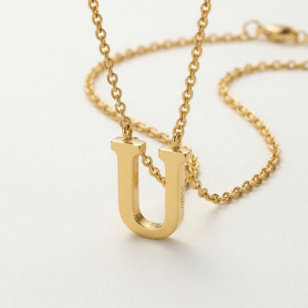 Avera Elaina Stainless Steel U Initial Necklace Gold Pendant