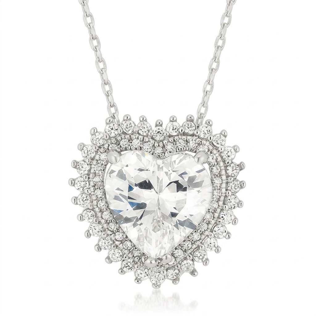 Avera Radiant Halo Heart Pendant in Sterling Silver