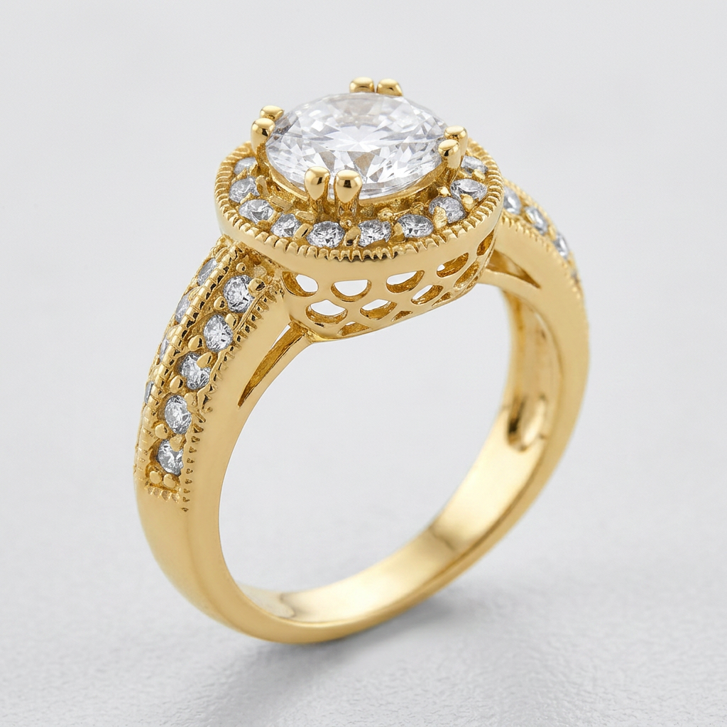 Avera Pave Halo Vintage Crown Ring in 14k Gold DestGlow