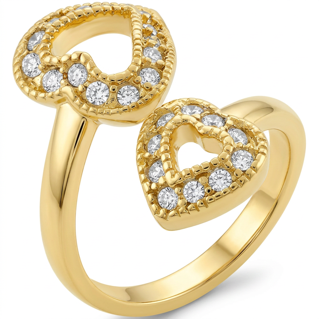 Avera Dual Pave Hearts Ring in Polished Gold Finish