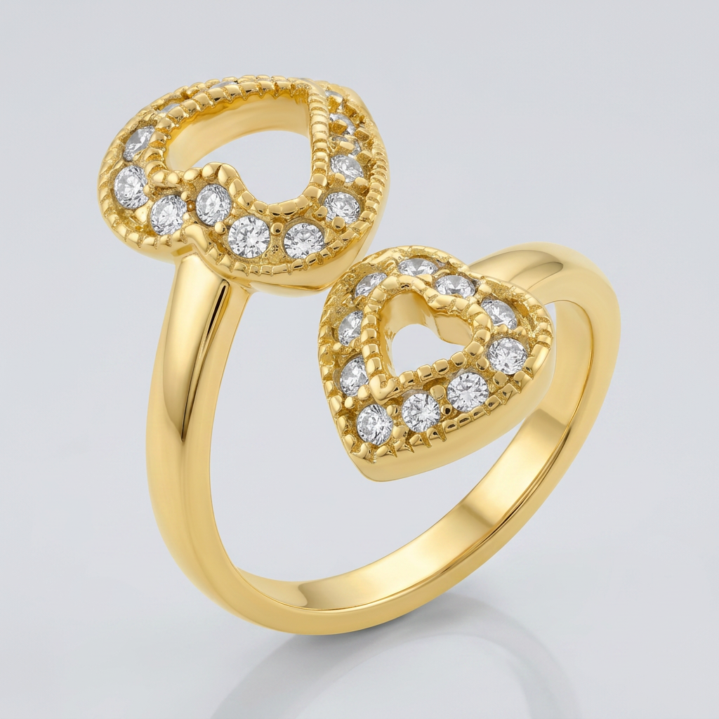 Avera Dual Pave Hearts Ring in Polished Gold Finish DestGlow