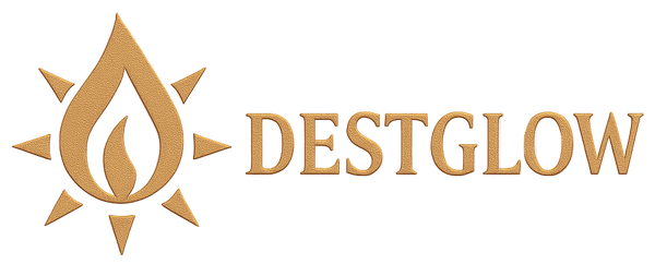 Destglow logo with a stylized droplet design on a light background