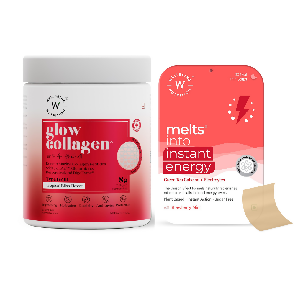 Wellbeing Nutrition Glow Korean Marine Collagen Peptides & Melts Instant Energy Oral Strips Combo