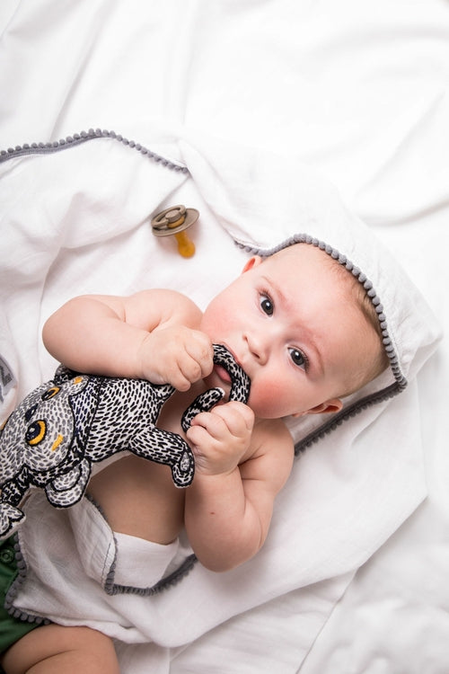3-Piece Newborn Essential Gift Set - Hooded Towel, Swaddle & Toy Rattle