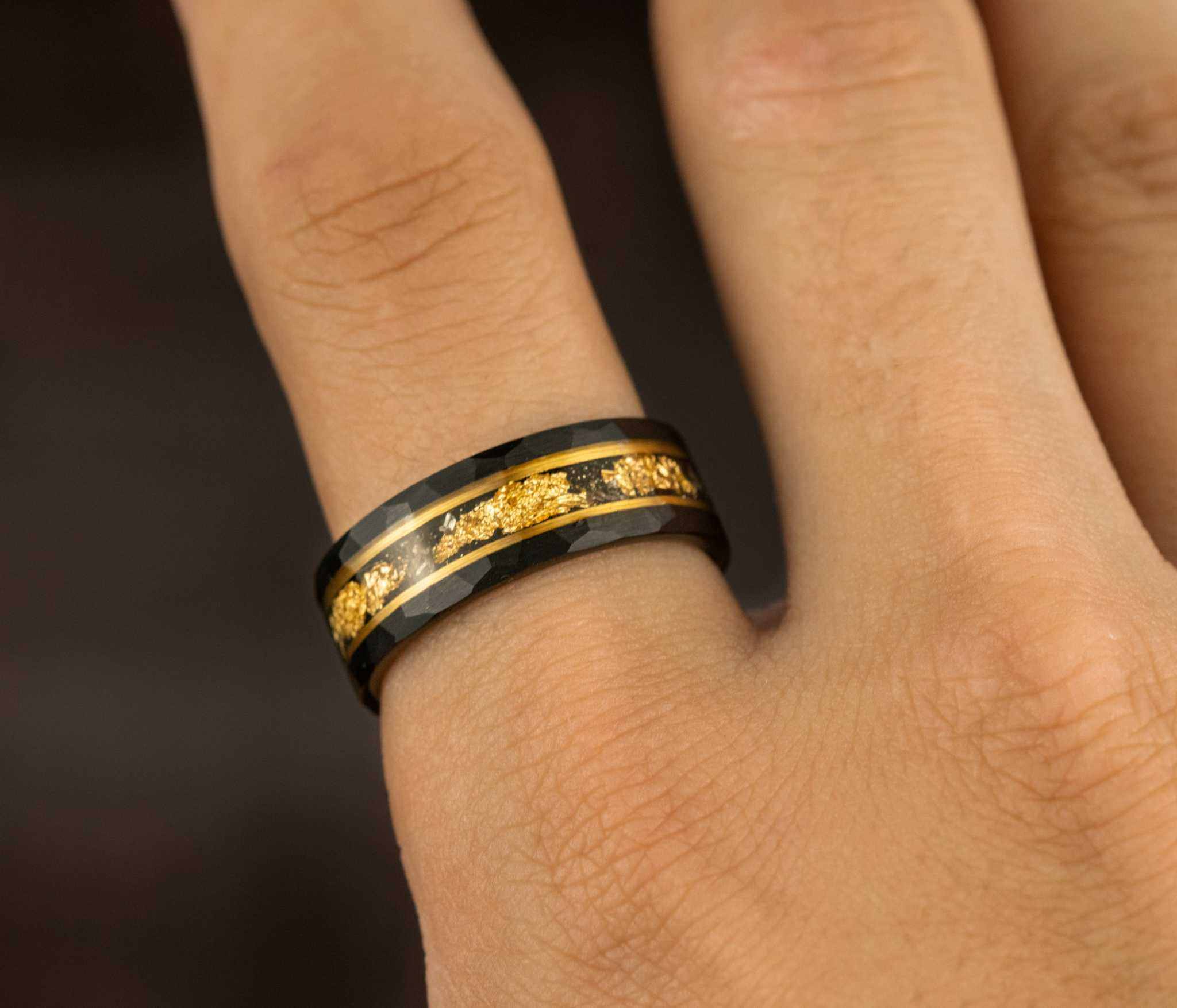 Meteorite x 22K Gold Leaf Hammered Black Tungten Carbide Ring - DestGlow