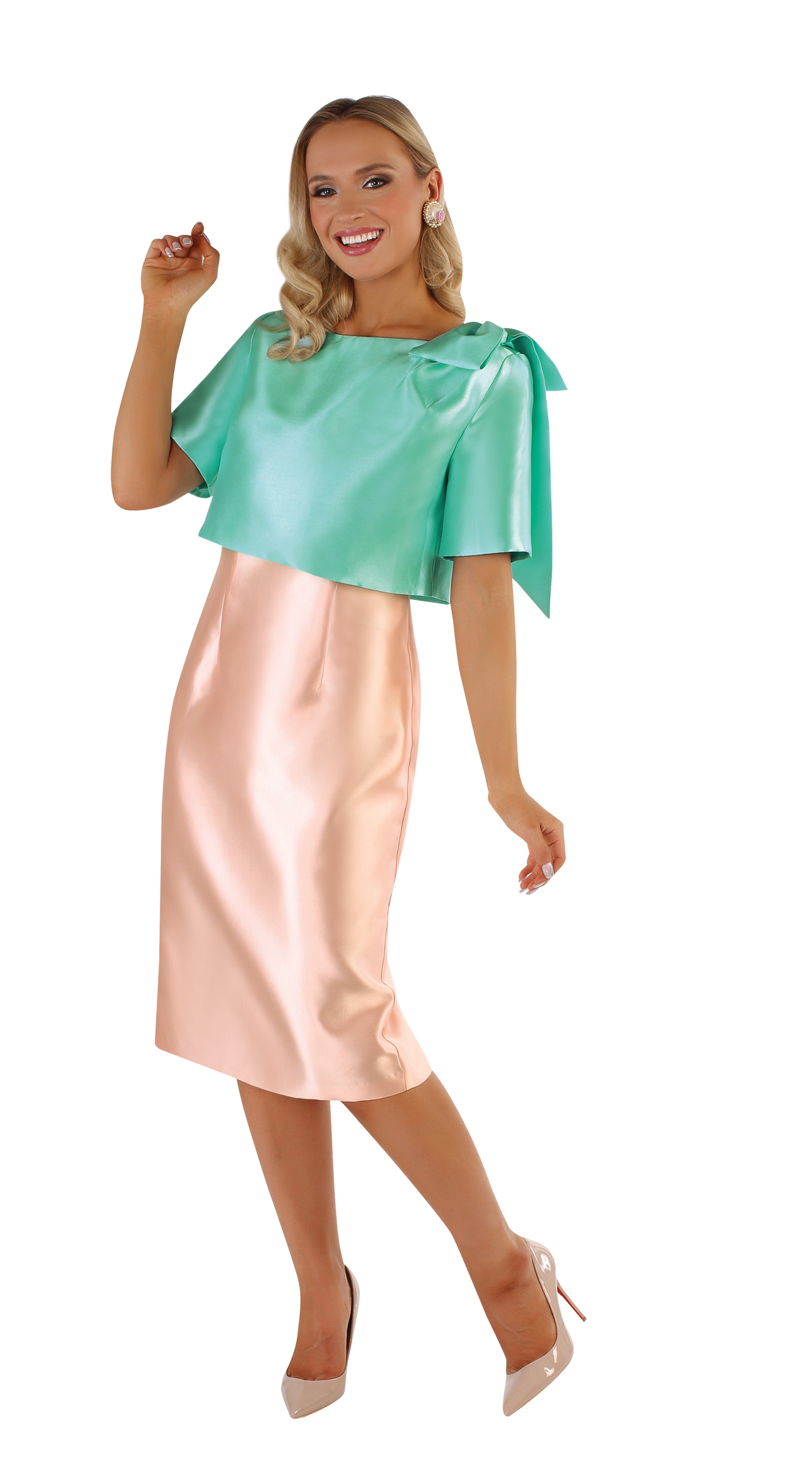 Mint & Blush Two-Tone Satin Dress with Bow Detail - 9541 by Tally Taylor