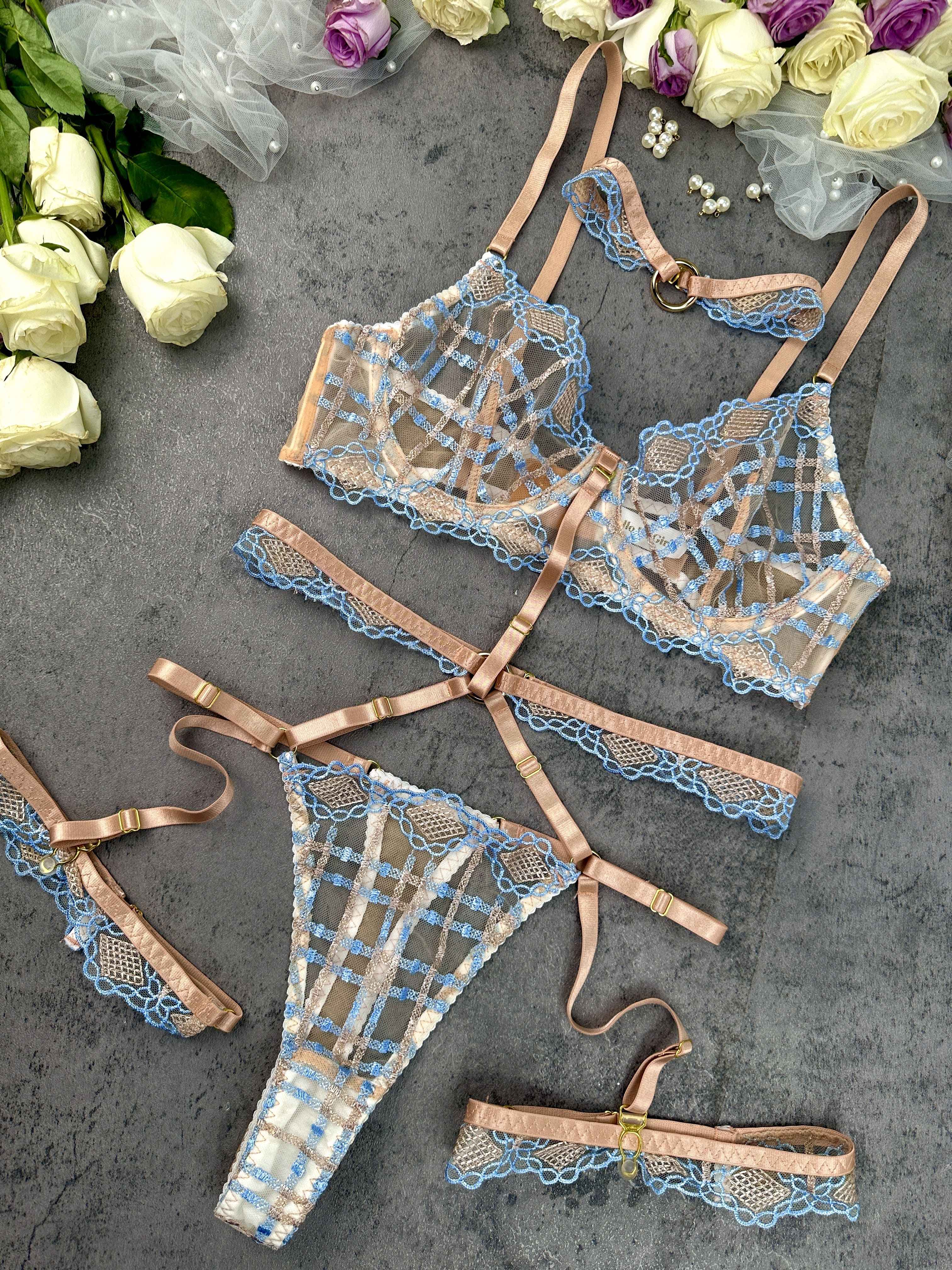 Sophia Blue & Beige Plaid Lingerie Set