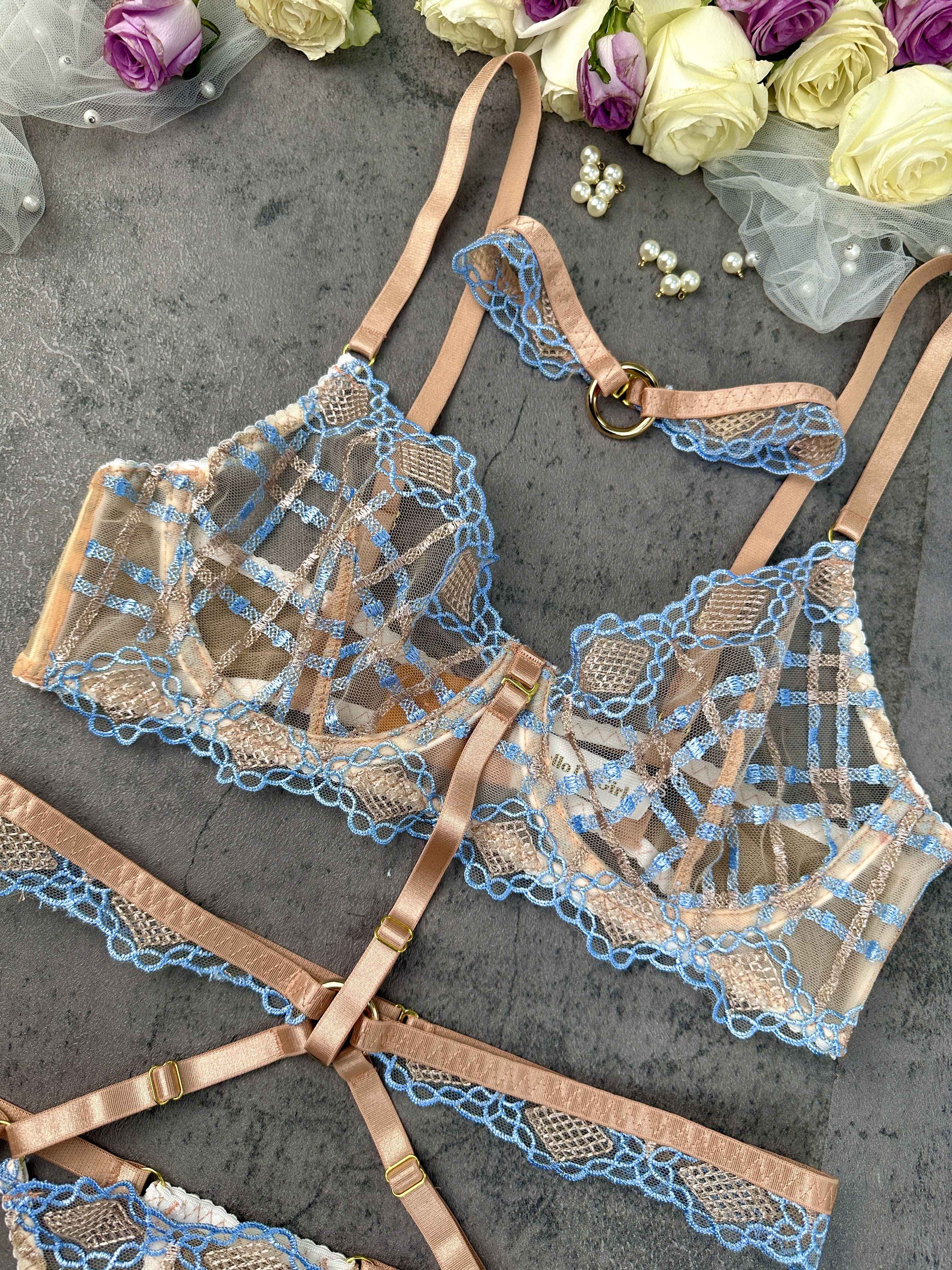 Sophia Blue & Beige Plaid Lingerie Set