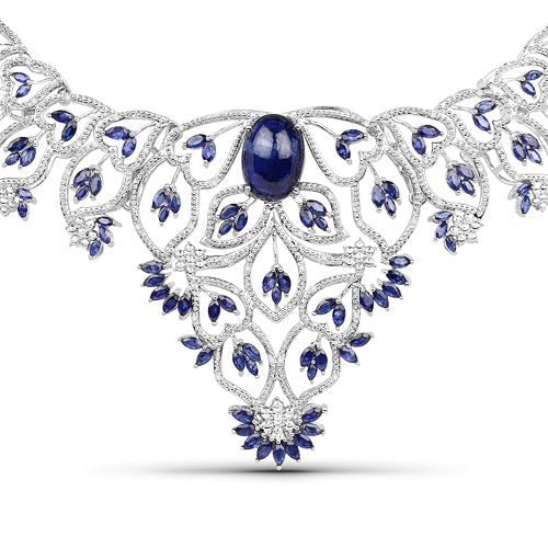 40.93 Carat Genuine Glass Filled Sapphire and White Diamond .925 Sterling Silver Necklace