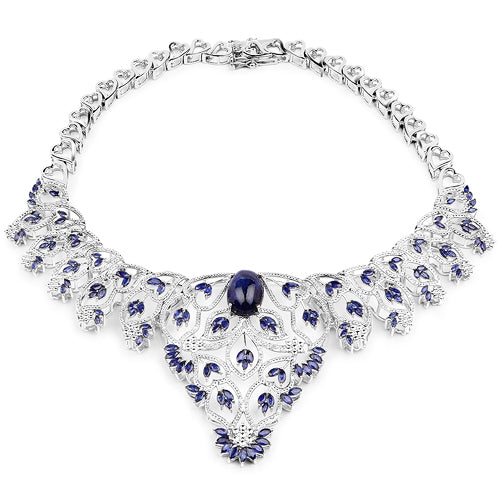 40.93 Carat Genuine Glass Filled Sapphire and White Diamond .925 Sterling Silver Necklace