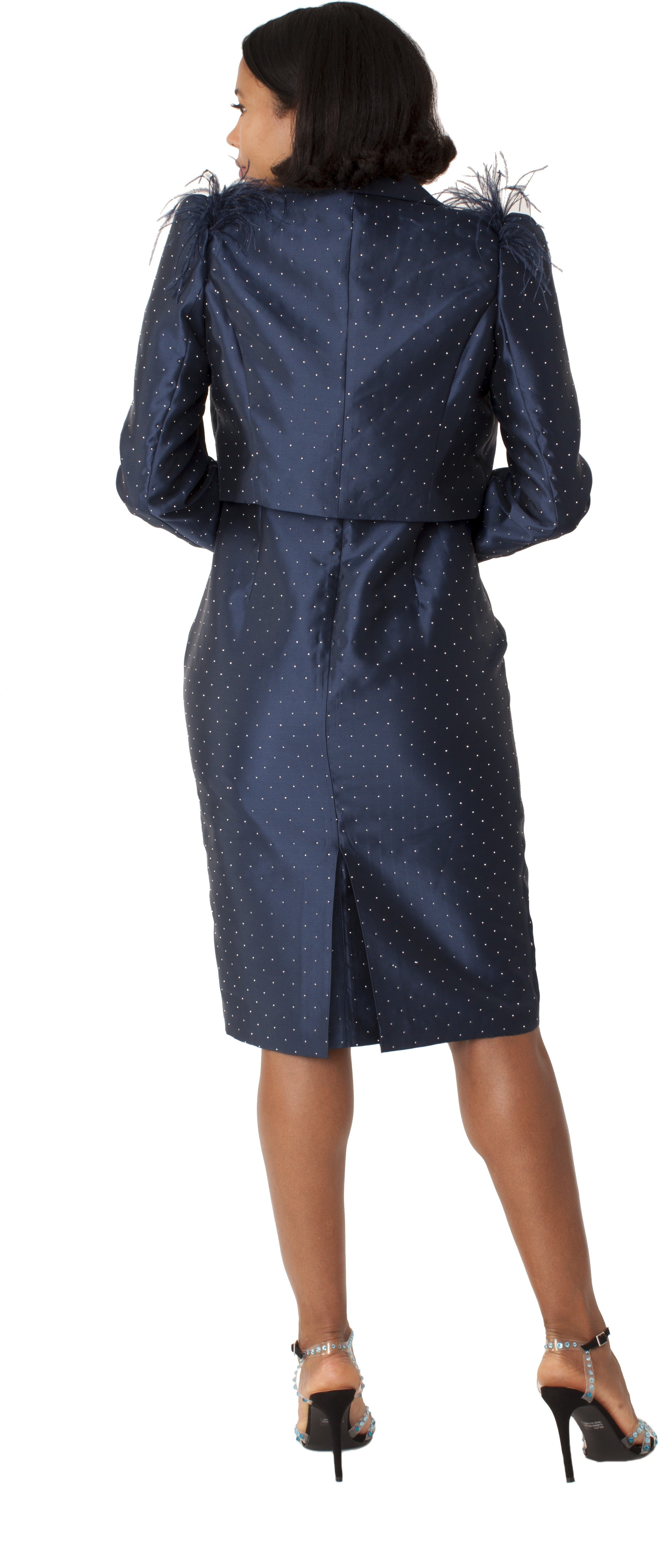Navy Cocktail Dress and Jacket with Rhinestones & Feathered Shoulders - 9766 by Tally Taylor