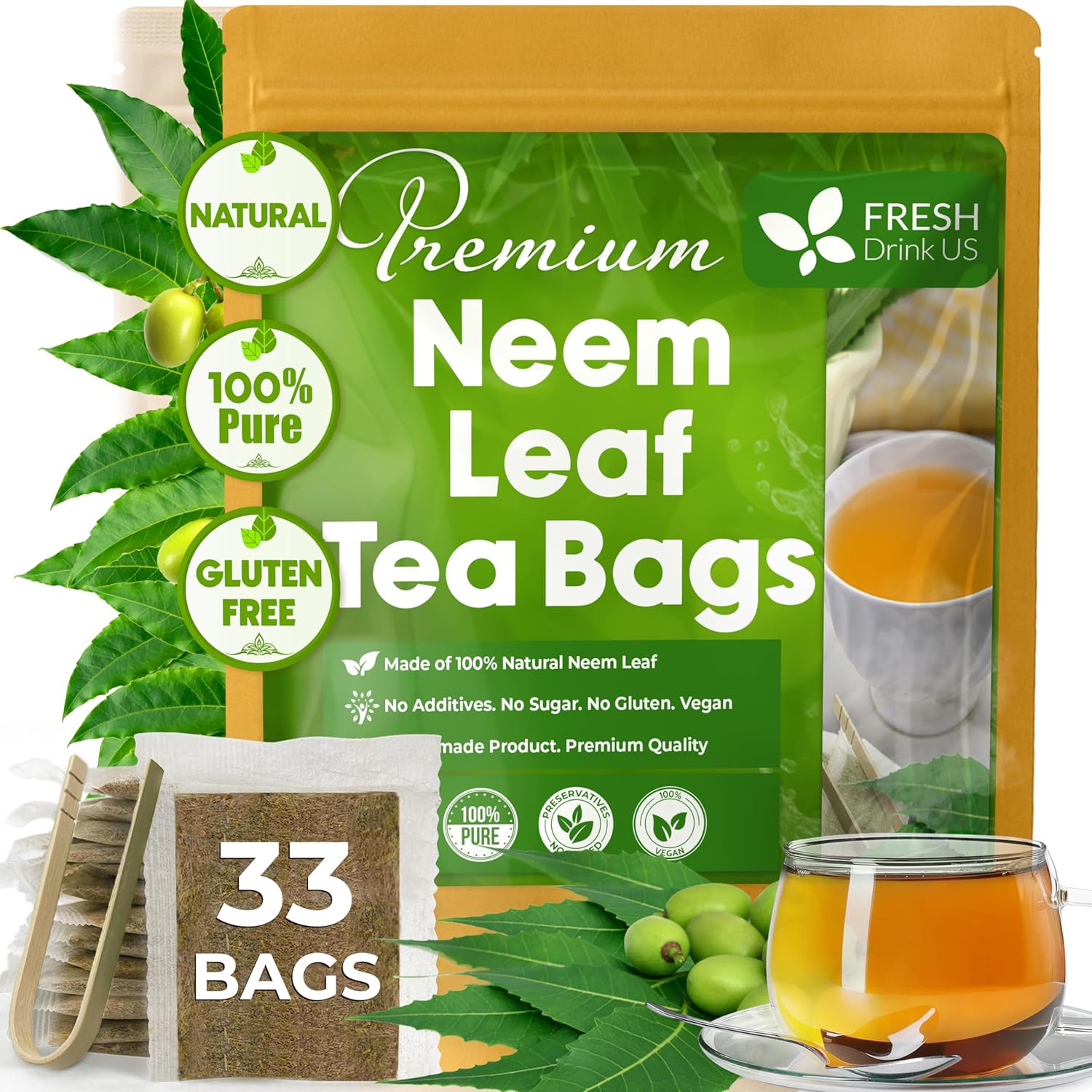 Neem Leaf Tea Bags, 100% Natural and Pure from Neem Leaves. Loose Leaf Neem Herbal Tea. Neem Leaf Tea. No Sugar, No Caffeine, No Gluten, Vegan. by FreshDrinkUS - Natural and Premium Herbal Tea