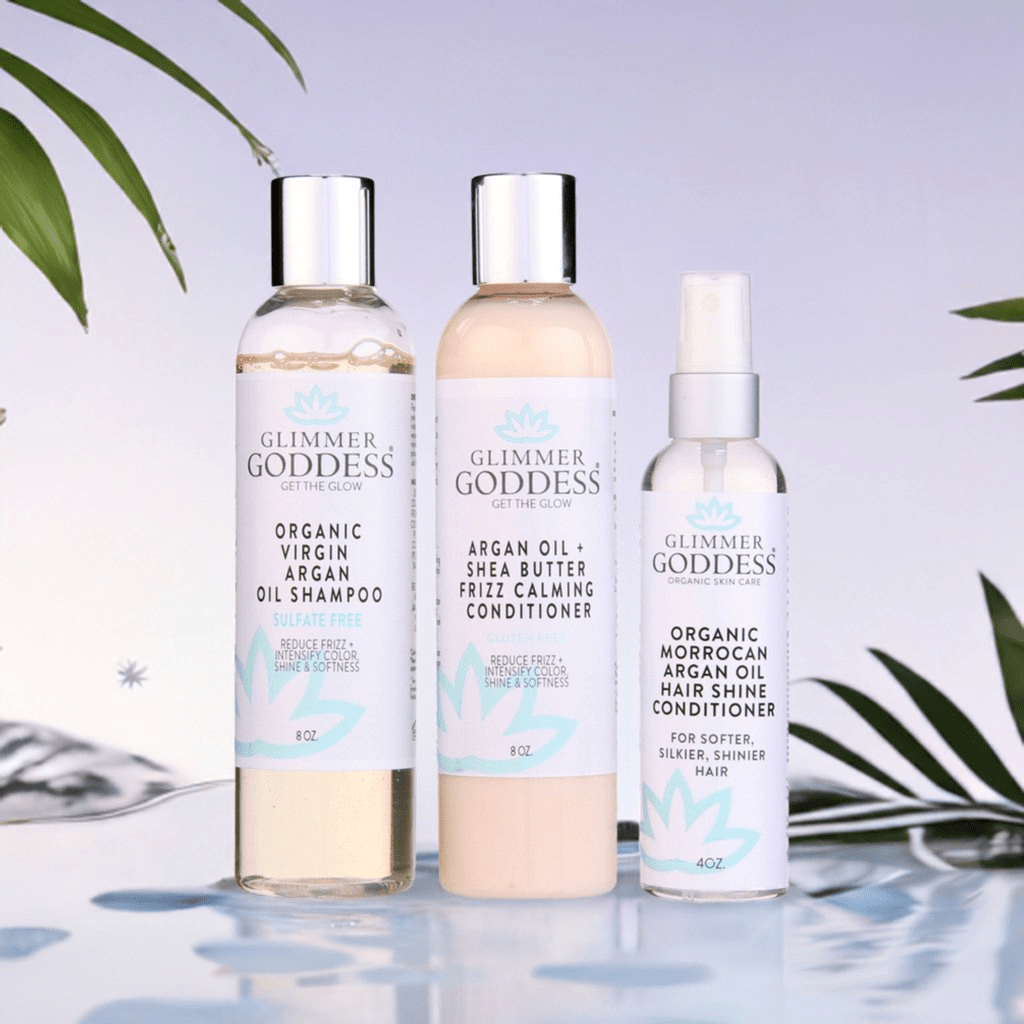Organic Argan Oil Hair Treatment Trio - Hydrating Shampoo, Conditioner & Shine Spray - DestGlow