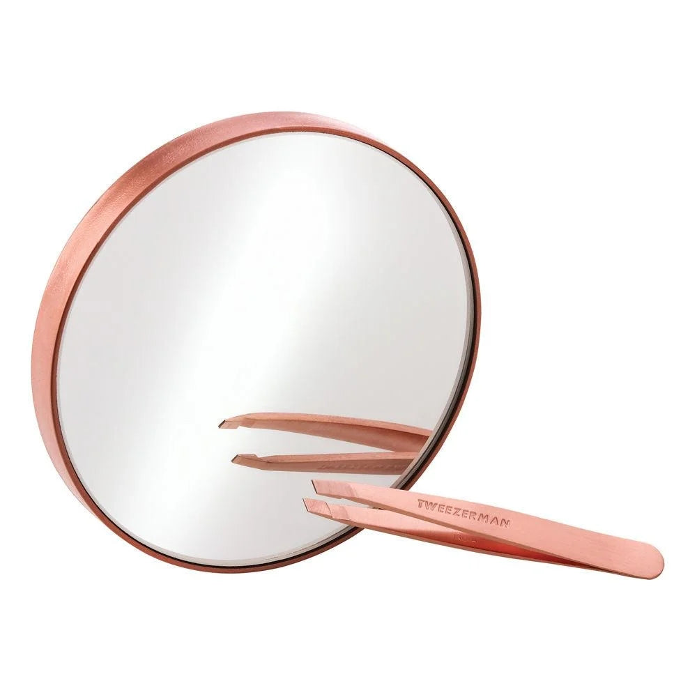 Tweezerman Rose Gold Slant Tweezer & 10x Mirror Set