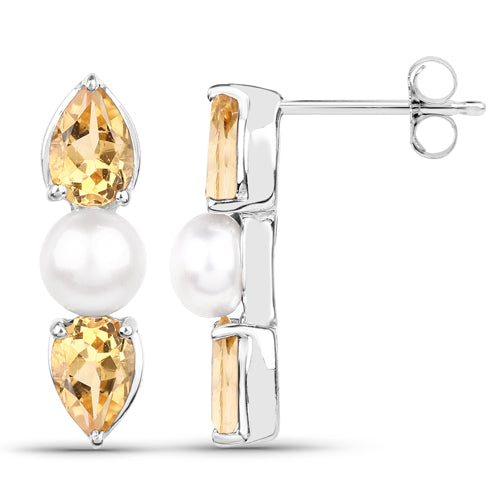 2.78 Carat Genuine Citrine and Pearl .925 Sterling Silver Earrings DestGlow