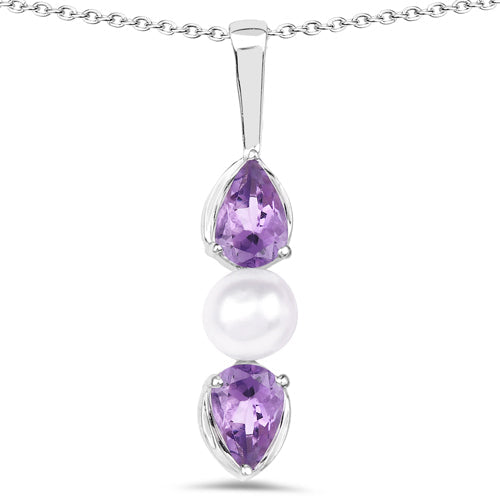 1.34 Carat Genuine Amethyst and Pearl .925 Sterling Silver Pendant DestGlow