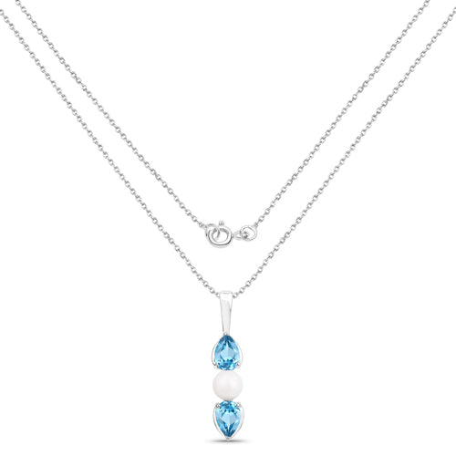 1.56 Carat Genuine Blue Topaz and Pearl .925 Sterling Silver Pendant DestGlow