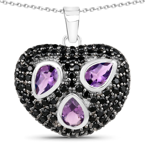3.19 Carat Genuine Amethyst and Black Spinel .925 Sterling Silver Pendant DestGlow