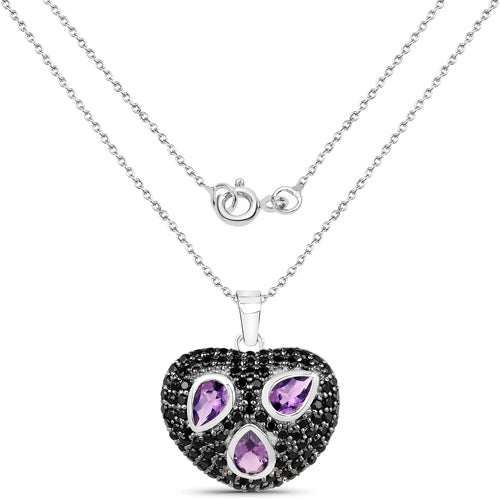 3.19 Carat Genuine Amethyst and Black Spinel .925 Sterling Silver Pendant DestGlow