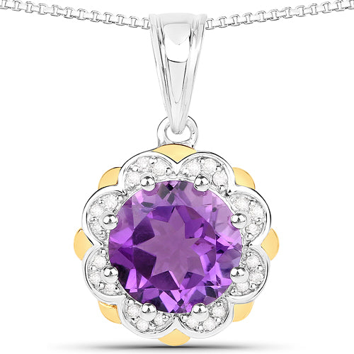 1.87 Carat Genuine Amethyst and White Diamond 14K Yellow Gold with .925 Sterling Silver Pendant by Bids.com