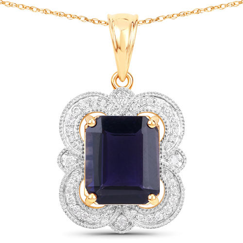 4.07 Carat Genuine Iolite and White Diamond 14K Yellow Gold Pendant by Bids.com
