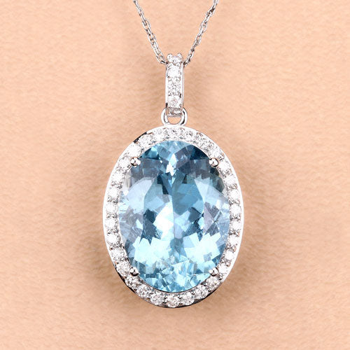 9.59 Carat Genuine Aquamarine and White Diamond 14K White Gold Pendant