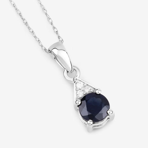 0.88 Carat Genuine Blue Sapphire and White Diamond 10K White Gold Pendant DestGlow
