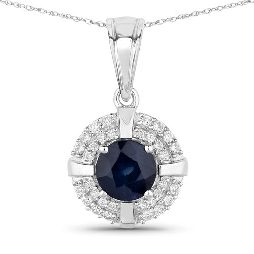 1.71 Carat Genuine Blue Sapphire and White Diamond 10K White Gold Pendant DestGlow