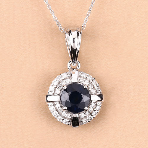 1.71 Carat Genuine Blue Sapphire and White Diamond 10K White Gold Pendant DestGlow