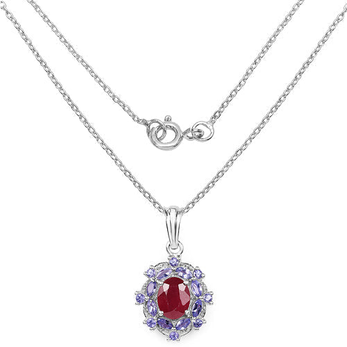 3.22 Carat Genuine Glass Filled Ruby & Tanzanite .925 Sterling Silver Pendant DestGlow