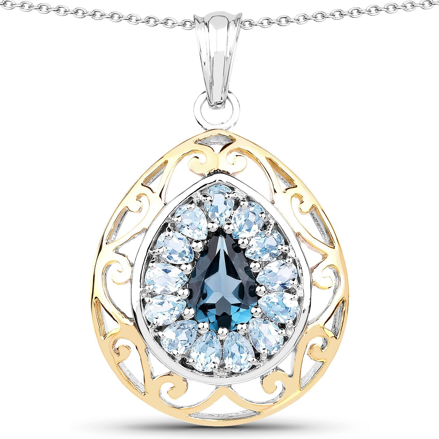 18K Yellow Gold Plate 4.44 Carat Genuine London Blue Topaz & Blue Topaz .925 Sterling Silver Pendant