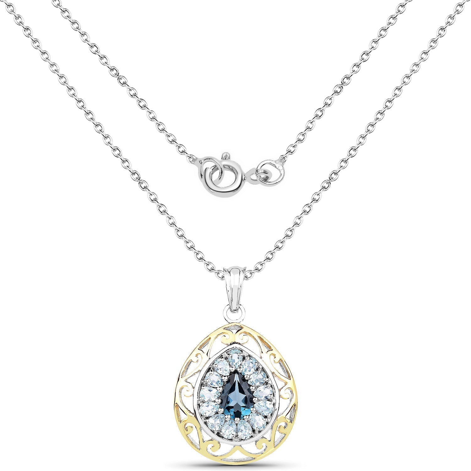 18K Yellow Gold Plate 4.44 Carat Genuine London Blue Topaz & Blue Topaz .925 Sterling Silver Pendant