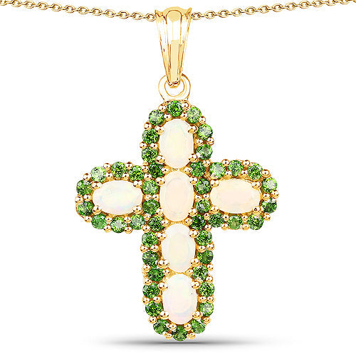 14K Yellow Gold Plated 3.11 Carat Genuine Ethiopian Opal and Chrome Diopside .925 Sterling Silver Pendant by Bids.com