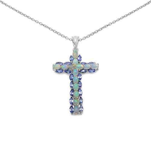 3.32 Carat Genuine Ethiopian Opal and Tanzanite .925 Sterling Silver Pendant DestGlow