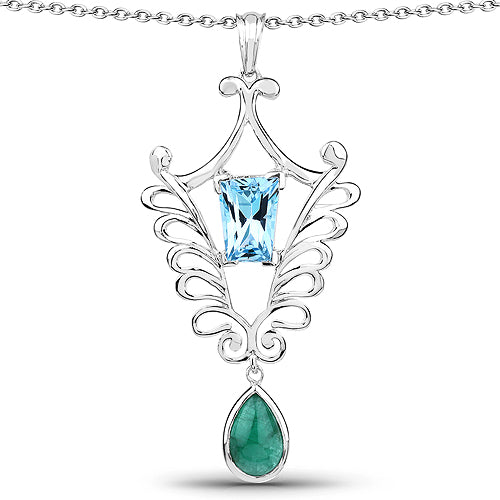 9.23 Carat Genuine Emerald and Swiss Blue Topaz .925 Sterling Silver Pendant by Bids.com