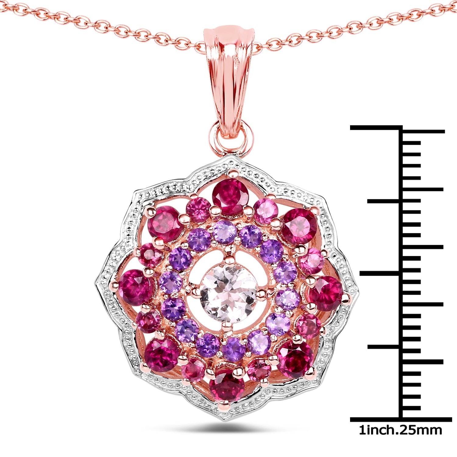 14K Rose Gold Plated 2.30 Carat Genuine Morganite, Rhodolite & Amethyst .925 Sterling Silver Pendant
