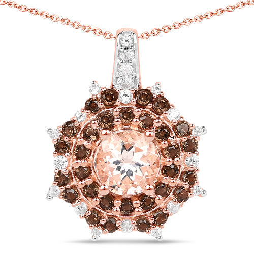 18K Rose Gold Plated 1.61 Carat Genuine Morganite, Smoky Quartz and White Zircon .925 Sterling Silver Pendant by Bids.com